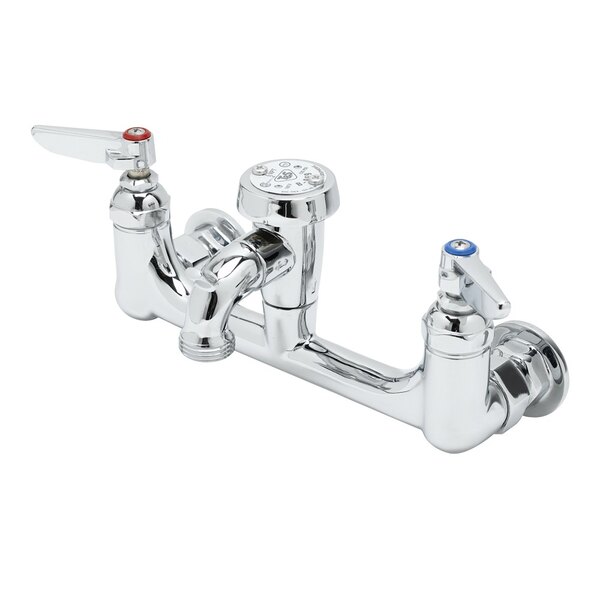 A T&S polished chrome wall mount service sink faucet with two handles.