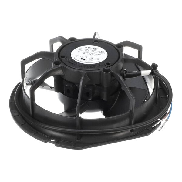 A black condenser fan motor assembly for a refrigerator, designed for 115V operation.