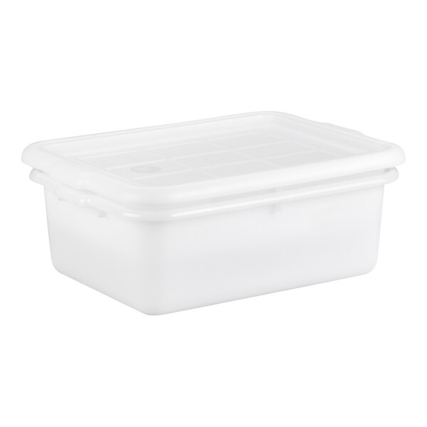 A white rectangular plastic drain box with a fitted lid, designed for freezer use.