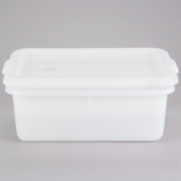 A white plastic Tablecraft drain box with a lid.