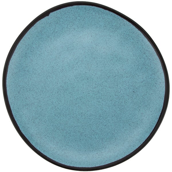 A round, speckled grayish blue melamine dinner plate with a matte finish and a dark rim.