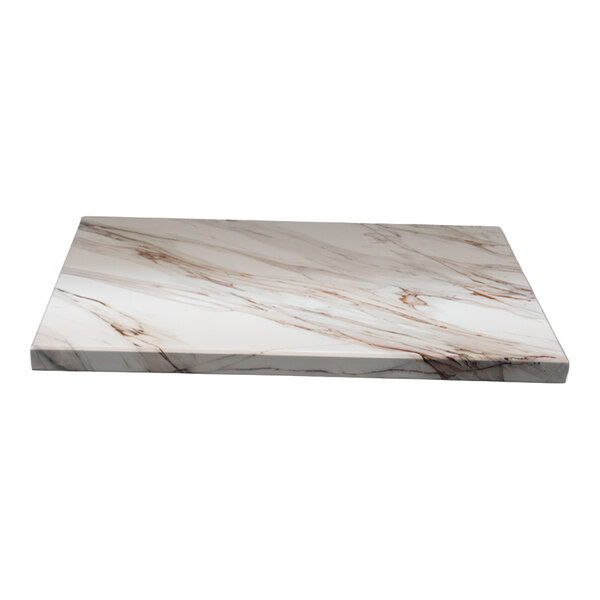 A square brown Calcatta marble indoor table top with eased edges and squared corners.