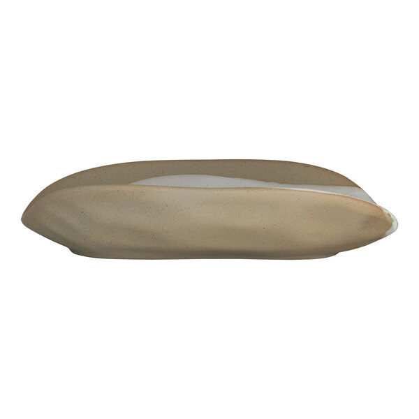 A rectangular stoneware tray with a natural beige and white finish.