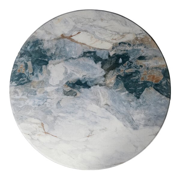A round outdoor table top with a tuxedo faux marble design and eased edge, measuring 36 inches in diameter.