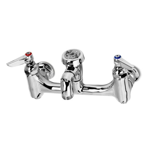 A T&S polished chrome wall mount service sink faucet with two handles.