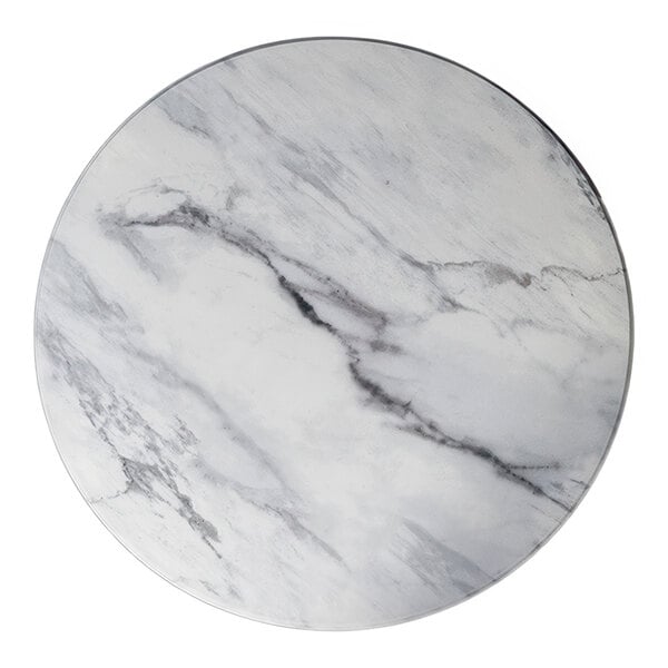 A round outdoor table top with a black faux marble design and eased edge, measuring 42 inches in diameter.