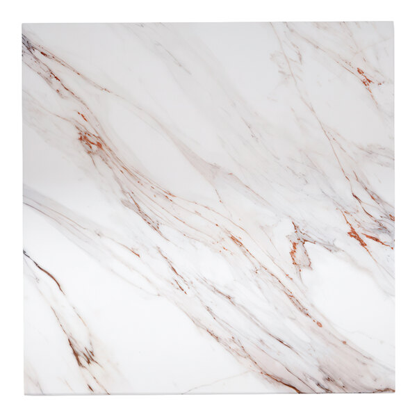 A square outdoor table top with a brown Calcatta marble pattern and eased edges.