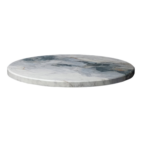 A round faux marble table top with an eased edge, measuring 48 inches in diameter.