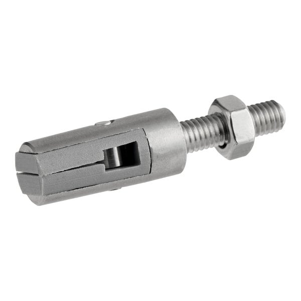 A metal tensioner or clamp component with a threaded bolt and nut.