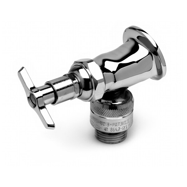 A silver metal T&S polished chrome plated sill faucet with removable vacuum breaker.