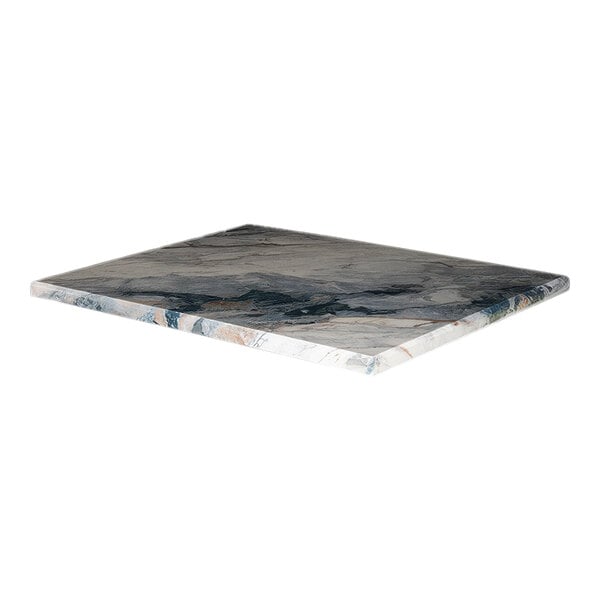 A rectangular faux marble table top with eased edges and squared corners.