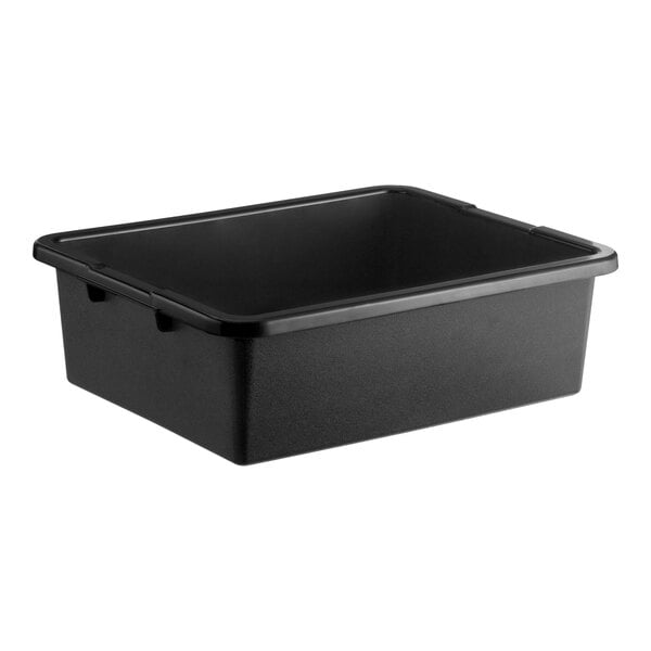 A black heavy duty polyethylene plastic bus tub with dimensions of 21 inches by 17 inches by 7 inches.
