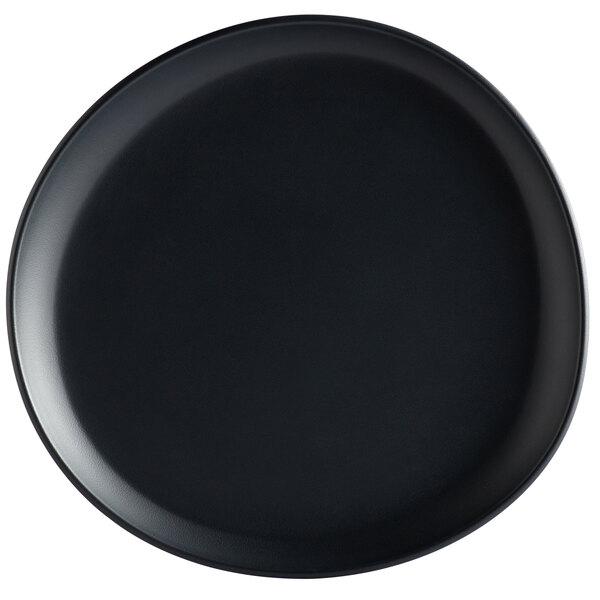 A dark gray, irregular round matte melamine coupe plate.