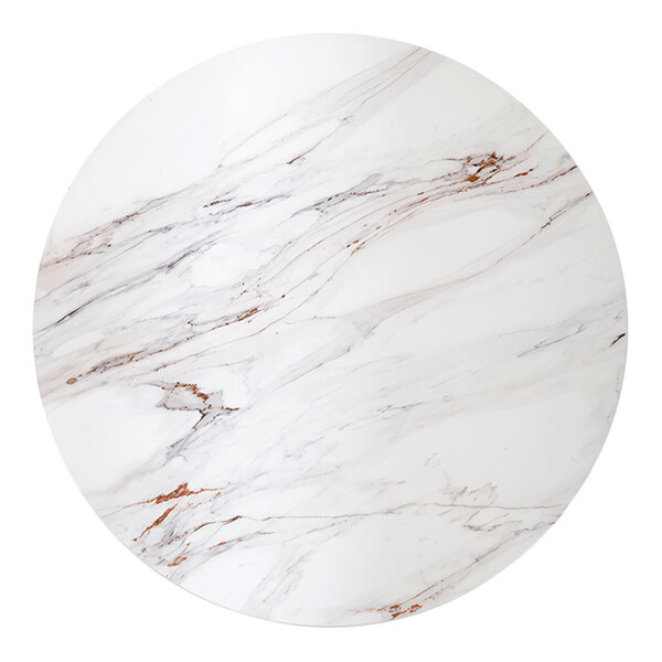 A round indoor table top with a brown Calcatta marble pattern and eased edge, measuring 36 inches in diameter.