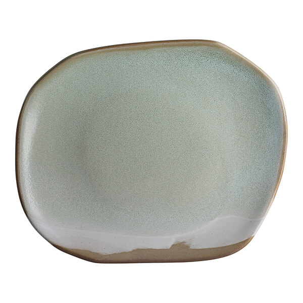 A square organic stoneware plate with a muted glaze and rounded edges.