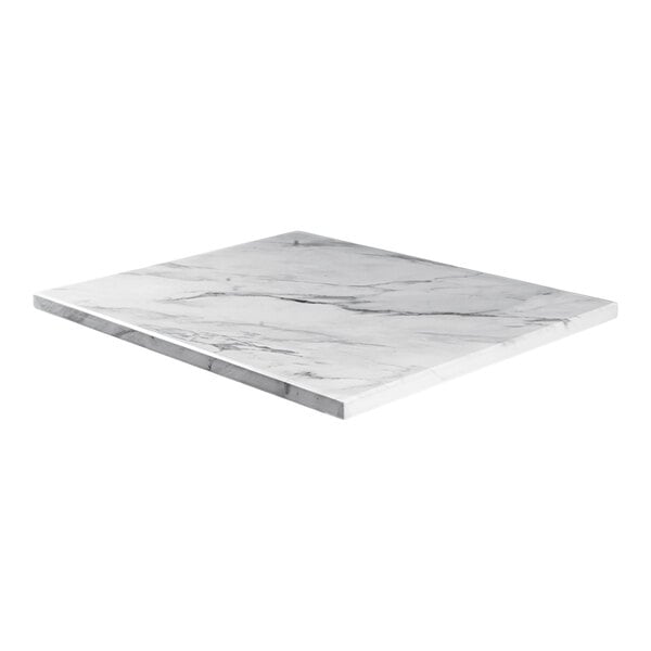 A square black faux marble indoor table top with eased edges and squared corners, measuring 30 by 30 inches.