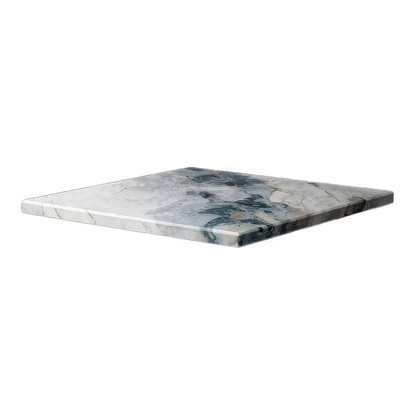 A square faux marble table top with eased edges and a tuxedo pattern.