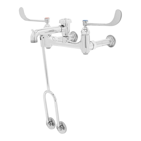 A T&S polished chrome wall mount faucet for a mop sink with two wrist-action handles.