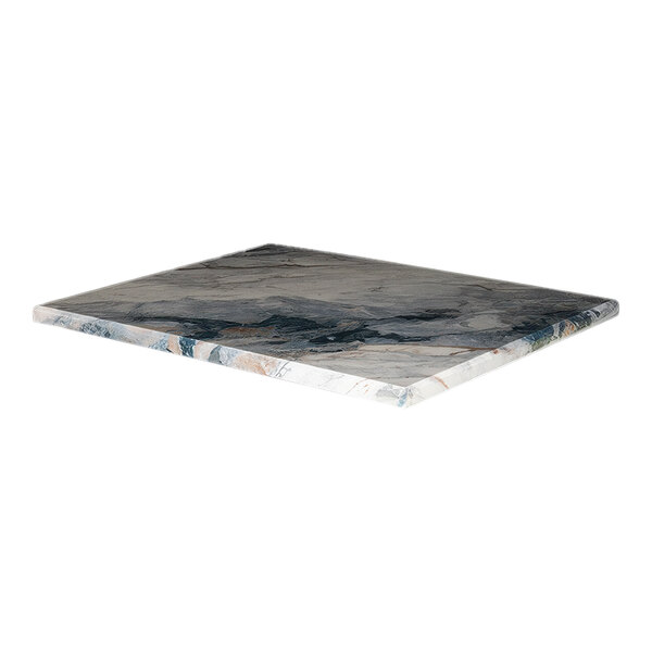 A rectangular faux marble table top with eased edges and squared corners.