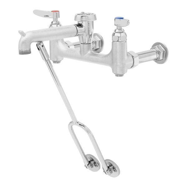 A silver T&S wall mount mop sink faucet with lever handles.