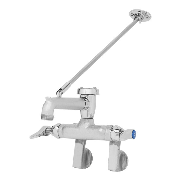 A silver T&S rough chrome service sink faucet with a long handle.