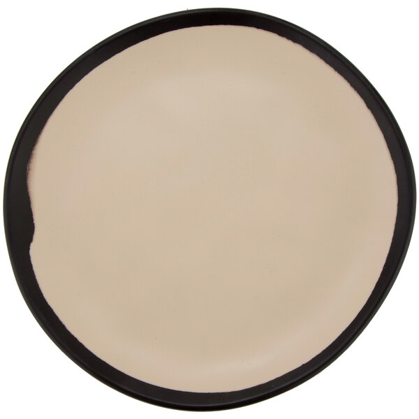 A round, beige melamine bread plate with a dark, matte rim.