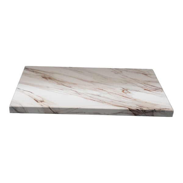 A square indoor table top with a brown Calcatta marble pattern and eased edges.