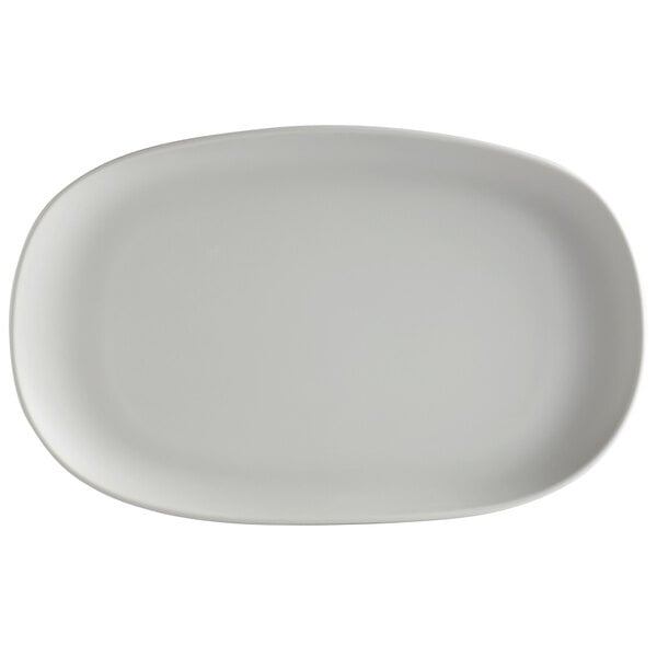 A light gray, irregular oval matte melamine coupe plate.