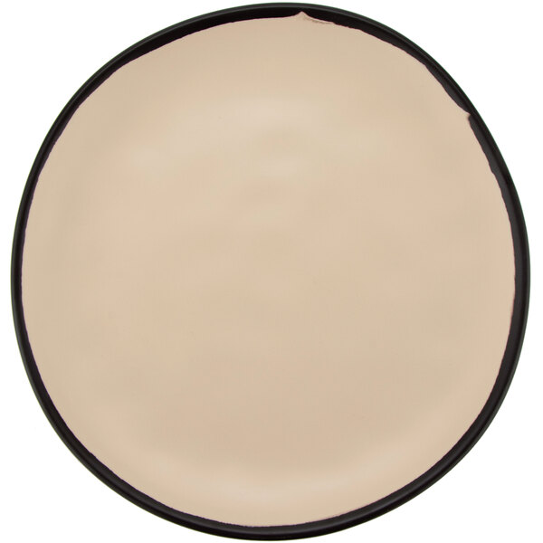 A round, beige melamine dinner plate with a matte finish and a dark rim.