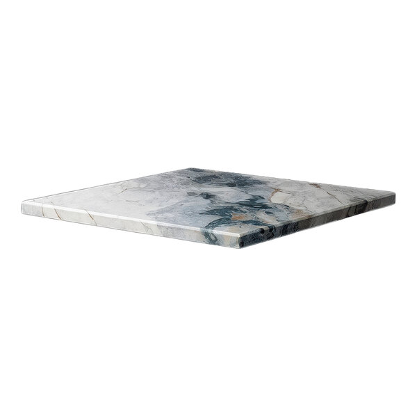 A square faux marble table top with eased edges and squared corners.