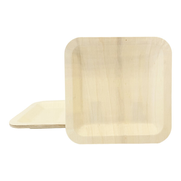 A set of square birch wood plates with rounded corners.