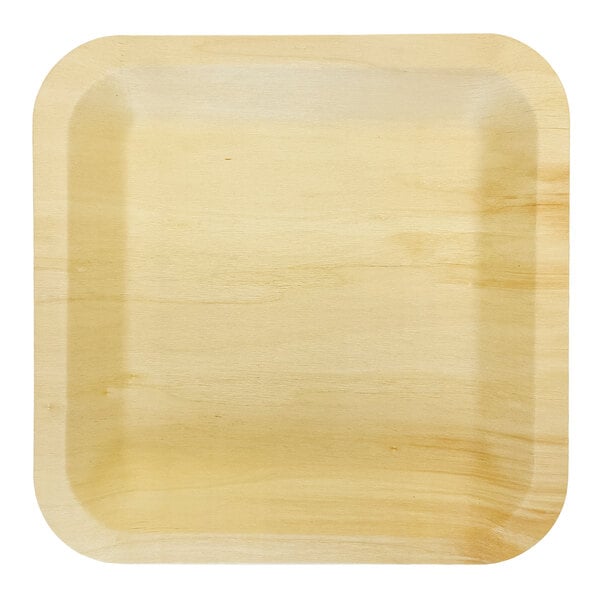 A square birch wood plate with rounded corners.