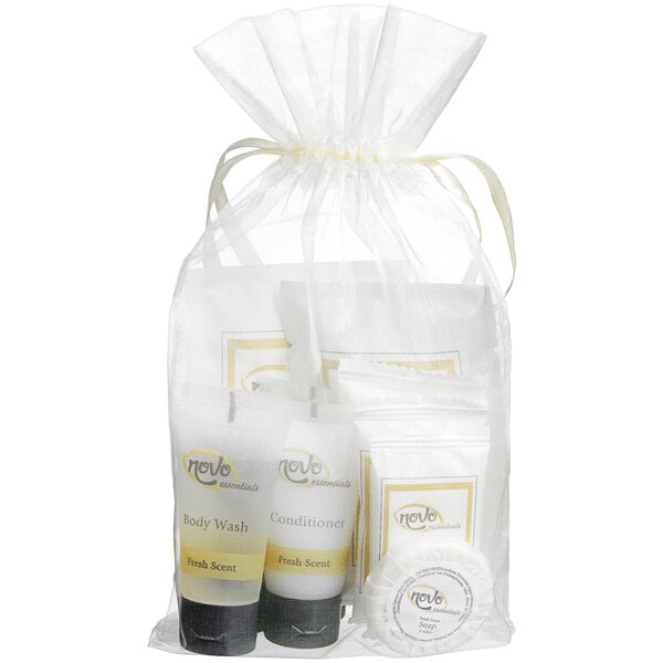 A 10-piece hotel and motel amenity toiletries kit in a sheer drawstring bag.