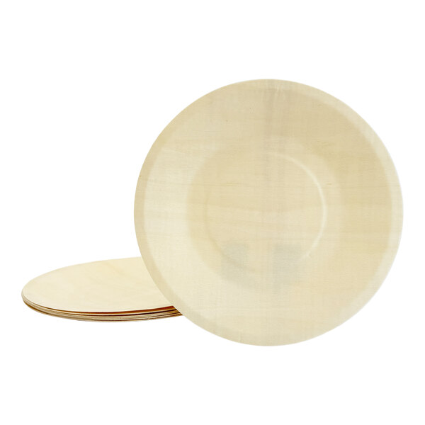 A set of round, light-colored birch wood plates.