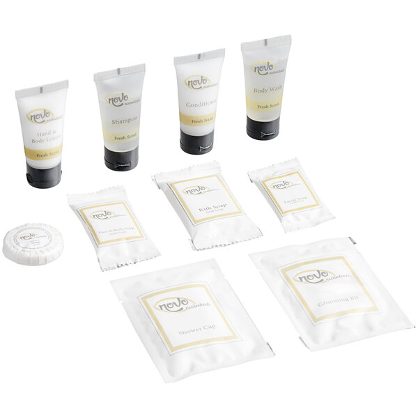 A 10-piece hotel and motel amenity toiletries kit including assorted personal care items in individual packaging.