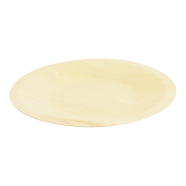 A round, light-colored birch wood plate.