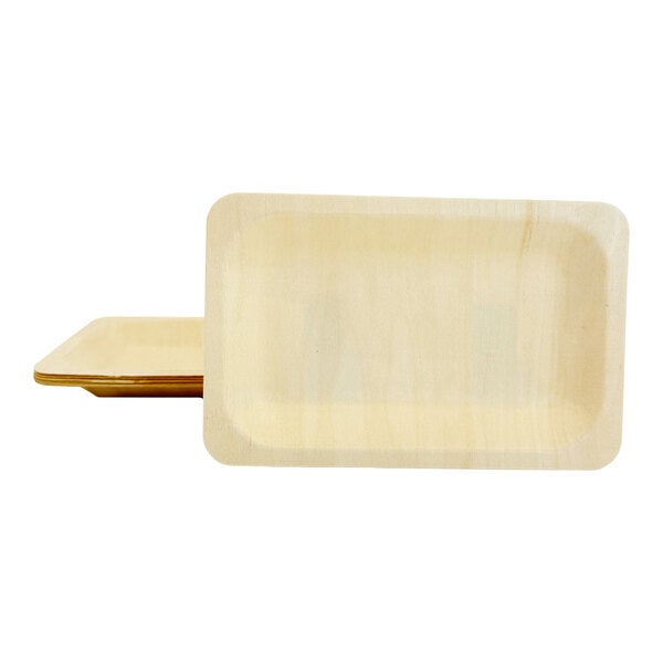 A set of rectangular birch wood plates with rounded corners.
