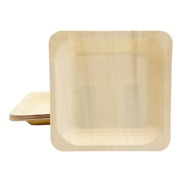 A set of square birch wood plates with rounded corners.