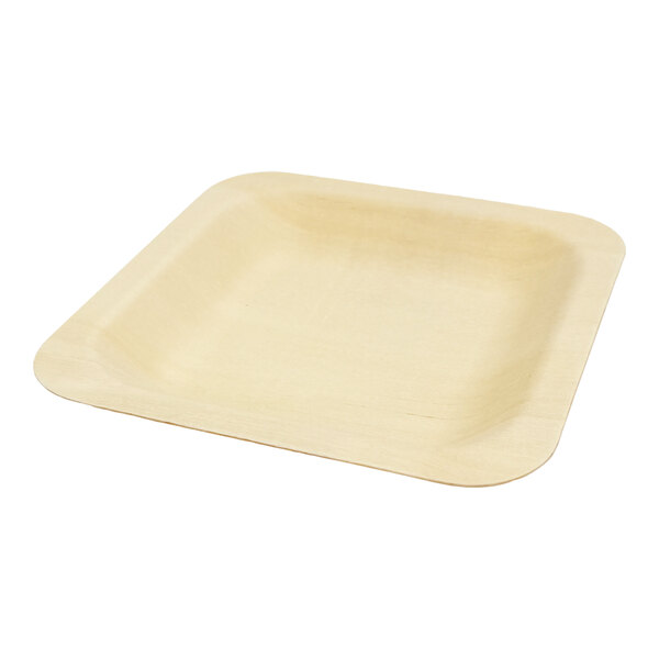 A small square plate made from light-colored birch wood.