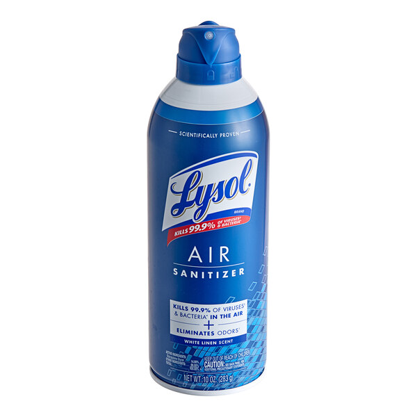 A 10 oz. can of Lysol Air Sanitizer Spray in white linen scent.