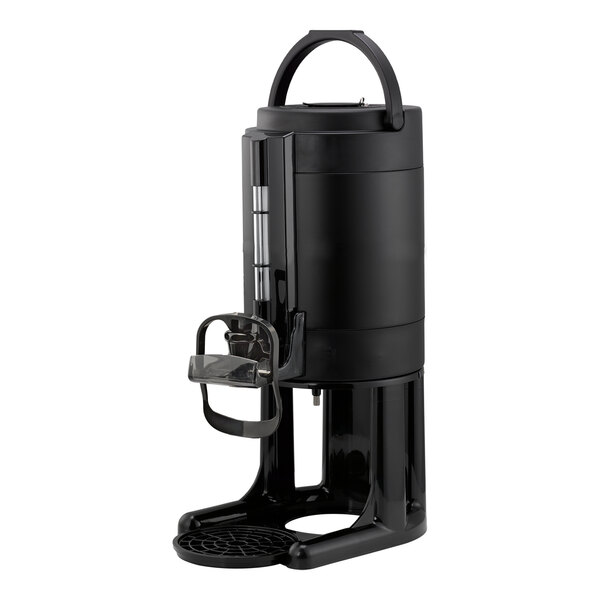 A black 1-gallon thermal coffee server with a hands-free dispensing mechanism and a stand.