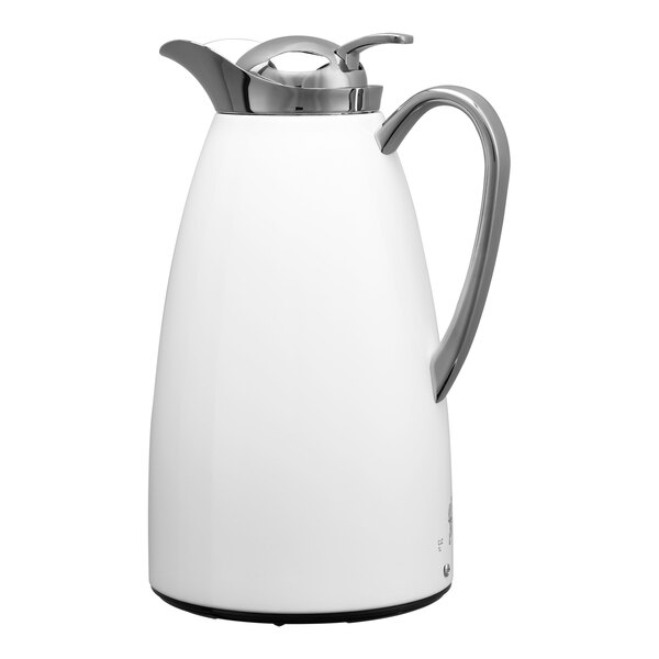 A white powder-coated stainless steel insulated coffee carafe with a push-button lid and a metallic handle.