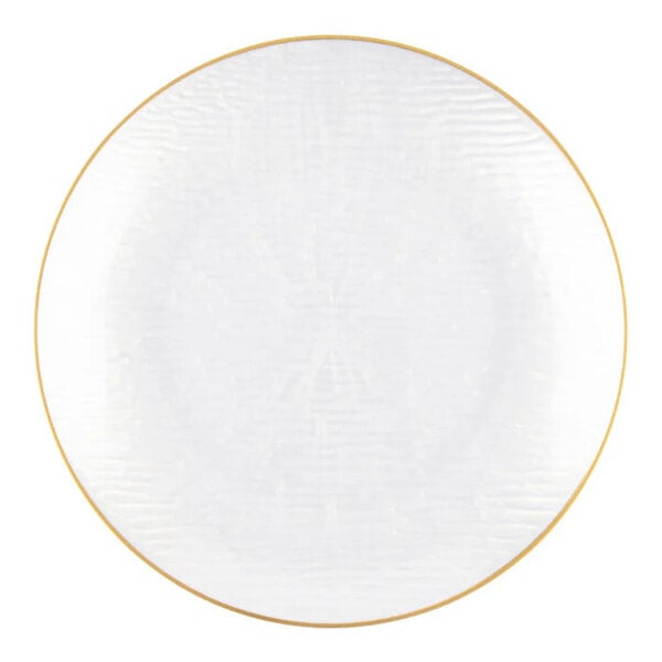A round pearl white plastic plate with a gold band around the edge.
