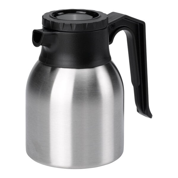 A stainless steel insulated coffee server with a black plastic handle and lid.