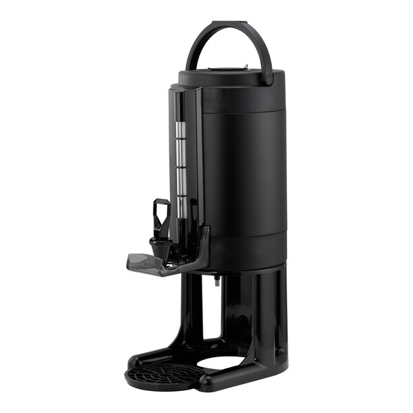 A black 1.5-gallon thermal coffee server with a stand and handle.