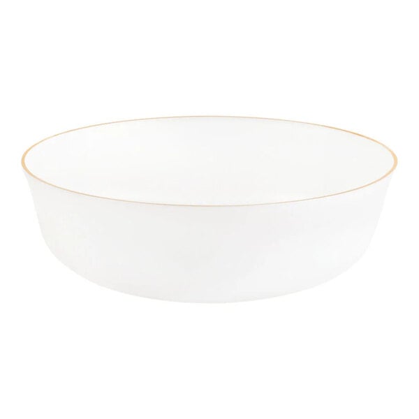 A round white plastic bowl with a gold rim.