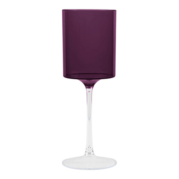 A two-toned purple and clear plastic wine goblet with a cylindrical bowl and a clear stem.