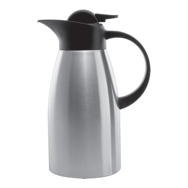 A stainless steel insulated coffee carafe with a black lid and handle.