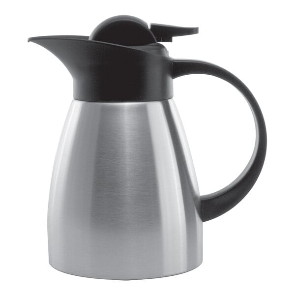 A stainless steel insulated coffee carafe with a black lid and handle.