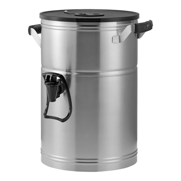 A 3-gallon brushed stainless steel hands-free iced tea dispenser with a black lid and spigot.